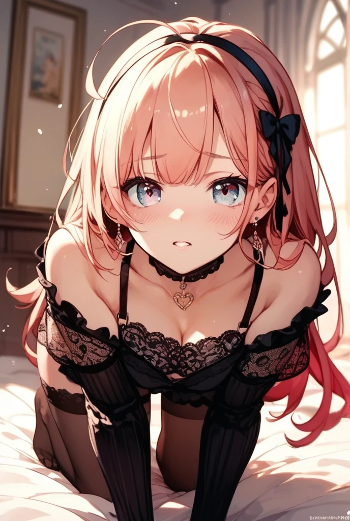1girl, solo, masterpiece, best quality, high res, highly detailed, illustration, beatiful detailed eyes, yuigahama yui, single hair bun, glossy lips, light makeup, blush, from above, looking at viewer, lips parted, sitting, knees bent, strapless corset, (fishnets), choker, lace panties, wood floor