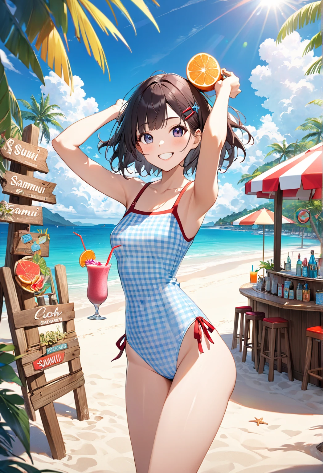 Highest quality、High resolution、Detailed Background、(Beautiful face in every detail:1.4)、Anatomically correct、(Normal number of fingers:1.2)、Highly detailed face、Detailed eyes、Teenage beauty、(Huge breasts:1.2)、Perfect body line、Light color hair、Bobcut、ponytail、Twin tails、Wavy Hairstyle、crystal clear blue sea stretching out on the white sand beach、swaying gracefully under palm trees、relaxing resort space、
(take a non-alcoholic cocktail in hand while being blown by the sea breeze、women relaxing leisurely:1.5)、
Friends in swimsuits、they jump into the sea with joy、a sense of liberation from stress、enveloped in the pleasant sea breeze and sunshine、enjoying blissful moments、
Tie-dye and brightly printed bikinis、The unique design is eye-catching、The tropical atmosphere creates a resort feel.、Stylish colorful patterns on a black or white base、very beautiful