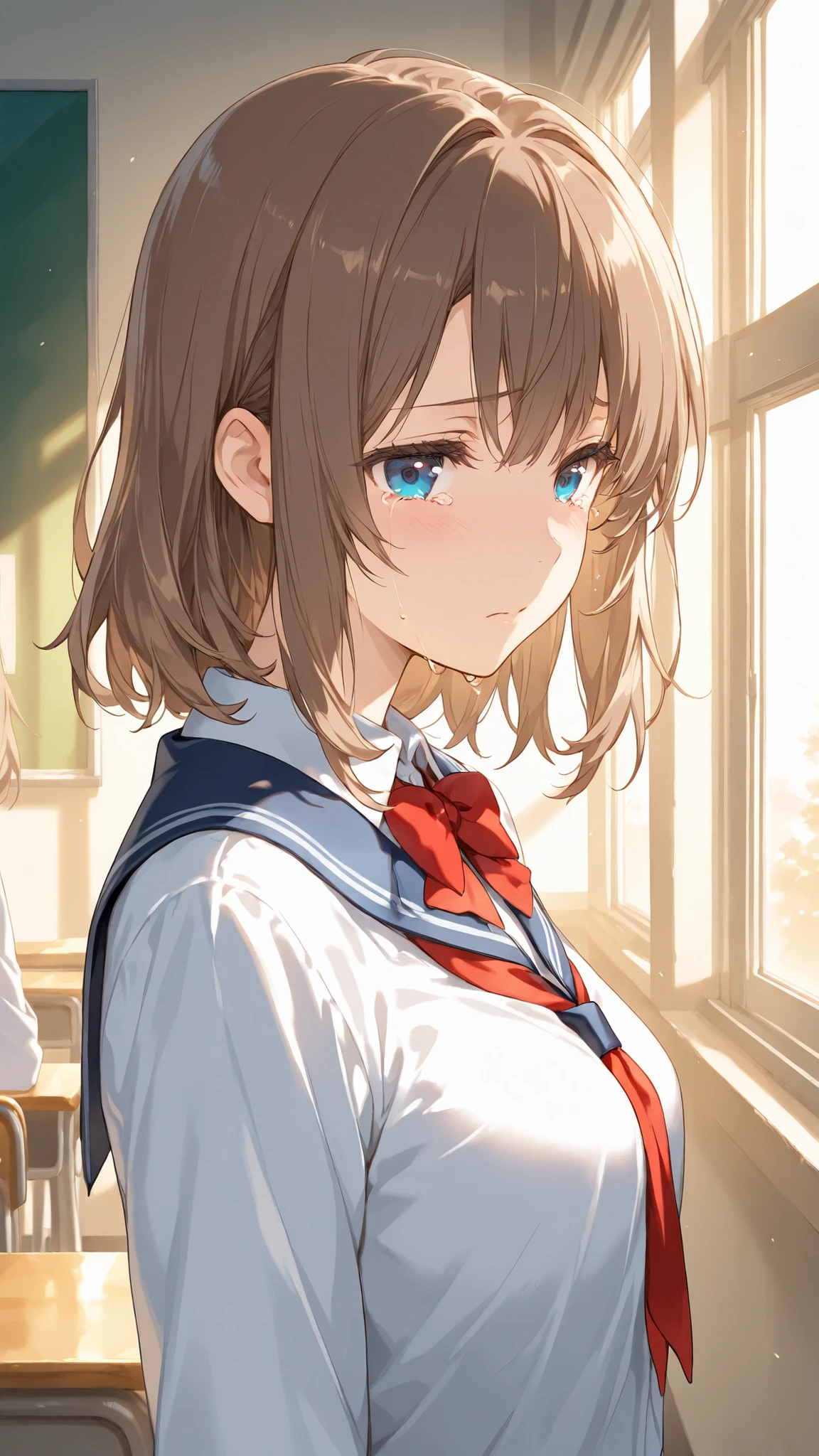 ((best quality)), ((masterpiece)), (detailed), 1girl, solo, sad tears, A high school boy, with a small and delicate build, Slightly wavy brown hair, and a face that still retains a bit of a childish look (seen from the side:1.2), He has kind, but unsure downcast eyes in his side view, He has a melancholy and hopeless expression, and a face that shows signs of fatigue. He has an introverted and vulnerable vibe. school uniform, window in a school classroom, upper body, facing left