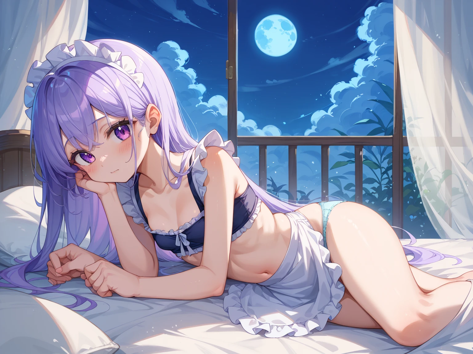 In a room of dark and mysterious hues, bathed in the silver light of the moon filtering through the velvet curtains, rests a young demone. Her pale skin contrasts with her night-black hair, scattered around her head on the silk pillow. Her wings folded gently around her, similar to those of a bat, add a touch of strangeness to her haunting beauty. She wears a light nightgown that delicately reveals her sensual curves. Her expression is peaceful, her long eyelashes shading her delicate cheeks as she dreams in a deep, enchanting sleep. Around his bed, mystical symbols and unlit candles suggest a magical and secret atmosphere. The silence of the night is broken only by his slow, steady breathing.