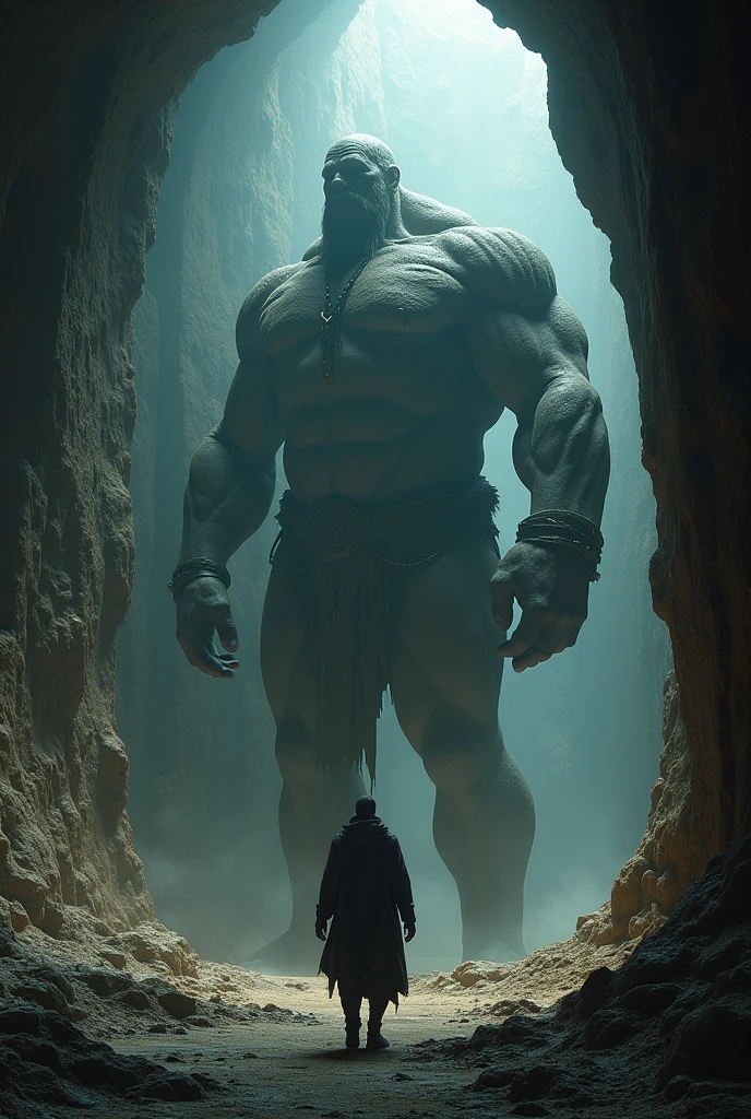 Giant dark golem guarding a staircase in a dark shadowy dungeon cave