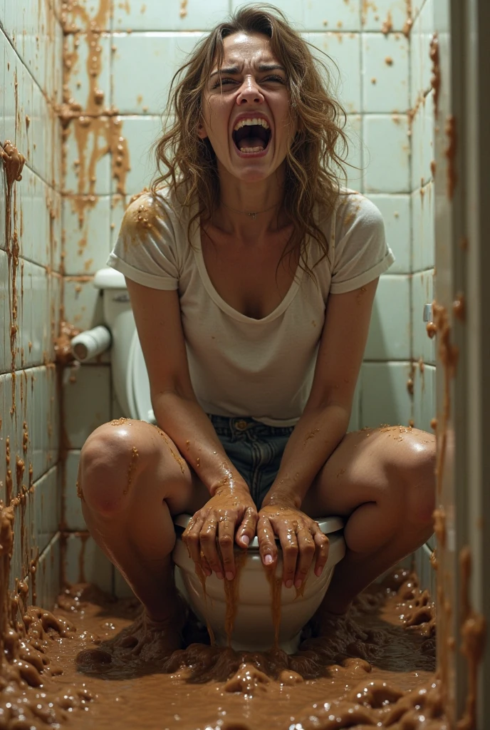 (best quality,4k,8k,highres,masterpiece:1.2),ultra-detailed,(realistic,photorealistic,photo-realistic:1.37),fading orange-haired woman 40 years in wet jeans and lace blouse drowns inside bath filled with mud,she smears mud on her ((detailed textured wet jeans)) when indulging in shameful fetish,bob haircut,detailed eyes and face,expression of despair,blouse,dark and moody lighting,shameful fetish atmosphere,desperation,bathroom,inside bath she feels dark ecstasy and shame, inside bath