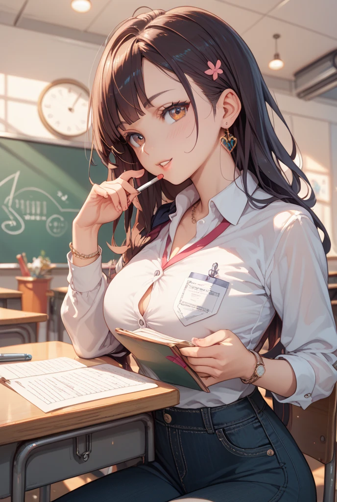 Lisa, genshin impact, ((blush:1.2)), 1 girl, alone, ((white shirt)), barefoot, huge breasts, cleavage, uniform, office background, black pleated skirt, office, hair between eyes, messy hair, large chest, long hair, looking at the viewer, brown hair, red short nails, green eyes, alone, ((long slender legs)), very long hair, ((masterpiece)), classroom, machine, Chair, board, class board, I can see through my clothes, embarrassed face