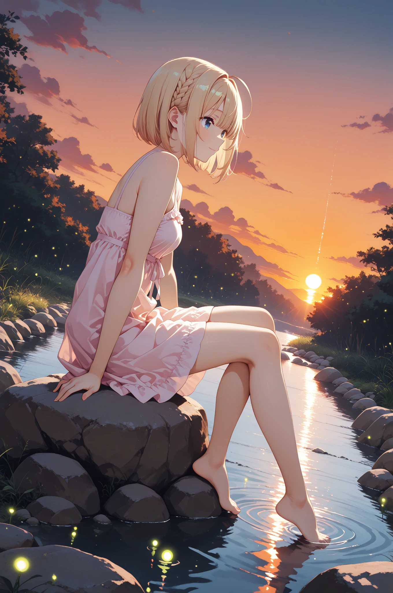 On a date、1 female,The perfect 20 years old,gal,((ideal ratio body proportions:1.3,small head:1.7)),tan skin,(((high quality anime, 8k,masterpiece,Perfect Anatomy))),cowboy shot,(beautiful detailed face and eyes,gorgeous eye:1.3), BREAK ,brown eyes, BREAK ,blonde hair,short bob hair,bangs, BREAK ,shy,blush,small breasts,slender body,toned body,skinny,sweat, BREAK ,oversized white t-shirt,Long sleeve、bottomless,black sports socks、White sneakers, BREAK ,sitting,A simple bench、garden、sunset、