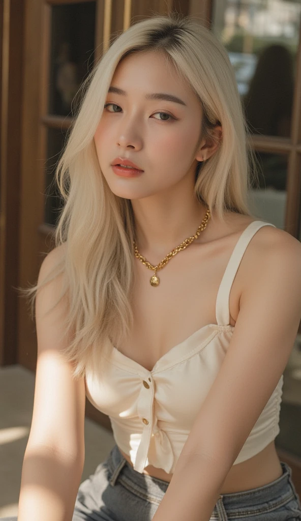 29歳のBlonde woman1人 with long hair posing for a picture, Beautiful blondeの女の子, beautiful Blonde woman, blonde and attractive features, Beautiful blonde, 8K Soft Portrait, Blonde woman, Beautiful female model, beautiful young woman with blonde hair, Blonde Swedish woman, long Blonde HairとAmber Eyes brillantes, Blonde Hair、Amber Eyes, Blonde HairとAmber Eyes, (Upper body photo), (White blouse and black tight skirt), Necklace and small earrings