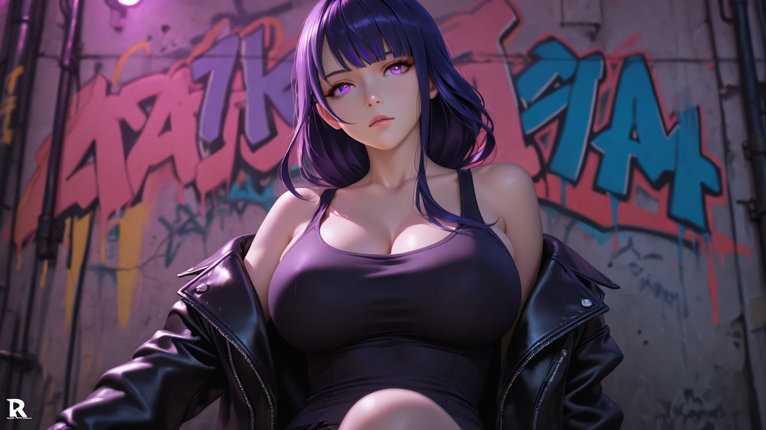 A Japanese girl with a stern air and sensual long purple hair, wearing a short, transparent military uniform, with giant breasts in a deep V-neck, with nipples showing through the clothes, thick and suggestive thighs, a green eye and a blue eye, on a bustling street in downtown Tokyo, Full-body image, leaning forward, fot