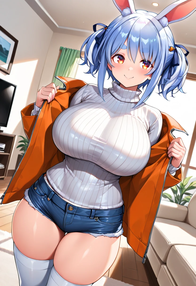 Best quality, masterpiece, tari, big , lactation, blue hair, unzipped blue jacket, white t-shirt, light brown pants, thick, wide hips, blue eyes, orgasmic expression, blushing,