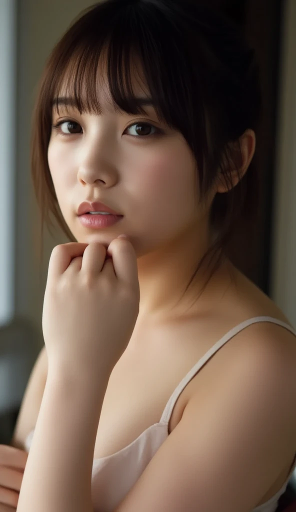 (8k, Highest quality, masterpiece:1.2), (Realistic, Photorealistic:1.37), Very detailed, One Girl, cute, alone, meal,((Take a break&#39;jaw on one&#39;jaw)),((Small box)), (Red nose), (Laughter:1.3), Beautiful and beautiful eyes, (Hair length: 1.2), Floating Hair NovaFrogStyle, Upper Body, Black blouse