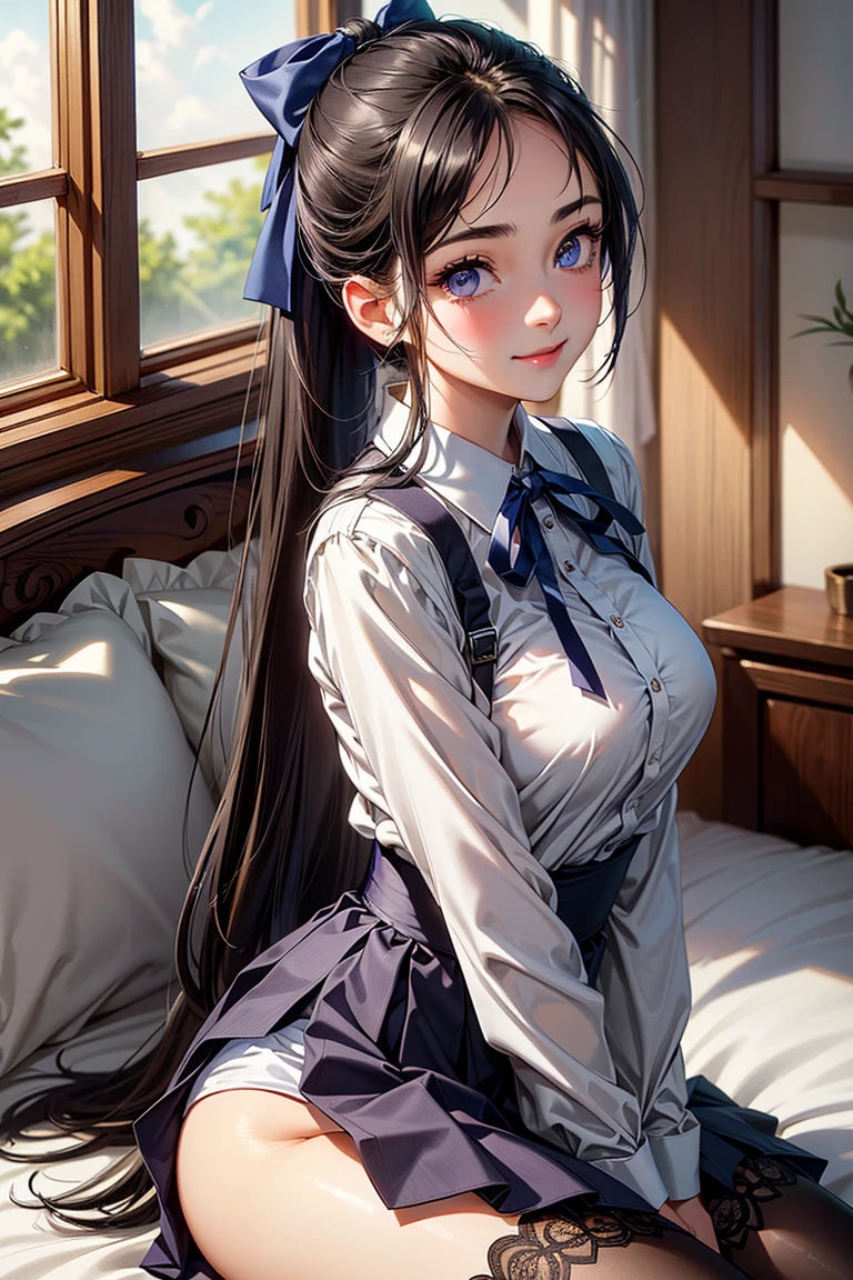 porn image.(from below:1.2),(1girl,ultra detailed skin,curvy,,beautiful breasts,large breasts,pale skin,pointy breasts,erect nipples),(Hyperrealist portrait,(8k),ultra-realistic,high detail,high resolution,best quality,masterpiece,Sense of presence,Dynamic,bold),(thin and soft hair:1.8),(straight hair),(Swept long bangs),(extra light coppery amber hair),(hair over one eye),(clothed:1.5,school uniform:1.5)
