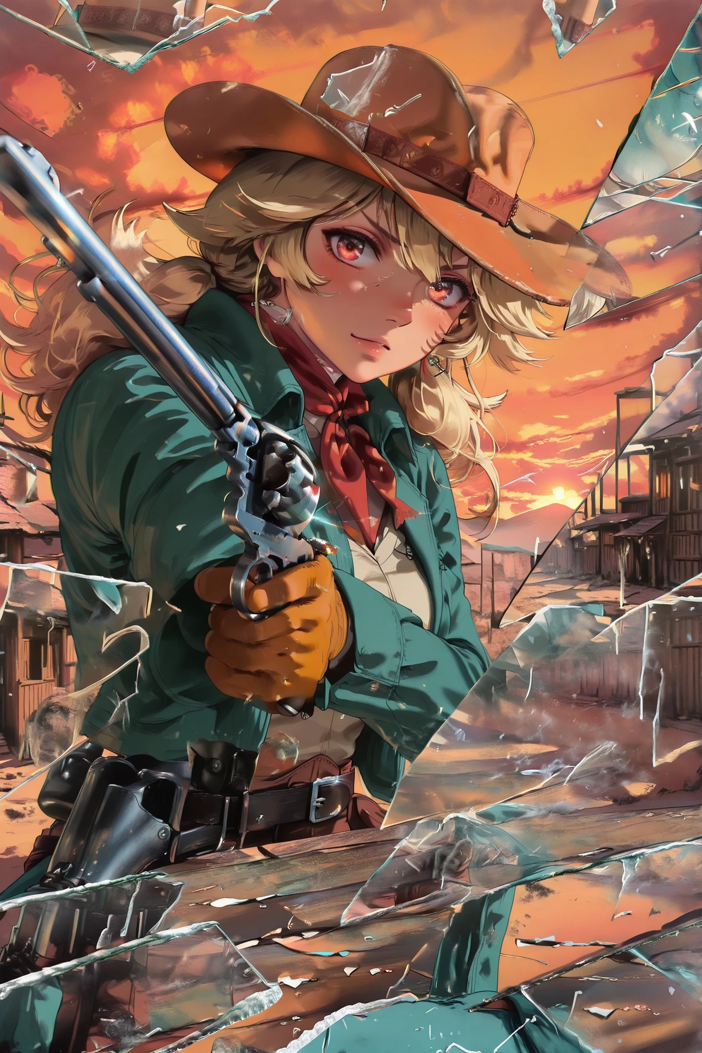 top quality, masterpiece, super resolution, Cool Cowboy Girl, Bright Yellow Cowboy Hat, blond hair fluttering in the wind, Sexy Cowboy Style, provocative expression, point their muzzle at the camera, Freeze Pose on Black Tires, acrobatic breakdance moves, supple body movements, motion blur, Western townscape with dust flying, Wooden Building, Old Tavern Facade, Desert Scenery Dyed in the Sunset, Shattering Glass Effects, Broken Glass, Sparkling Shards, Sparks from Guns, Smoke Effects, Dynamic Camera Angles, Slow Motion Moments, dramatic lighting effects, orange sunset sky, Long Shadows, Western Mood, Cinematic Composition, lens flare effect, Dust Particles, Action Movie Effects,((es_a_a, revolver, broken glass,glass shards,glass,reflection,looking at viewer, breakdance))
