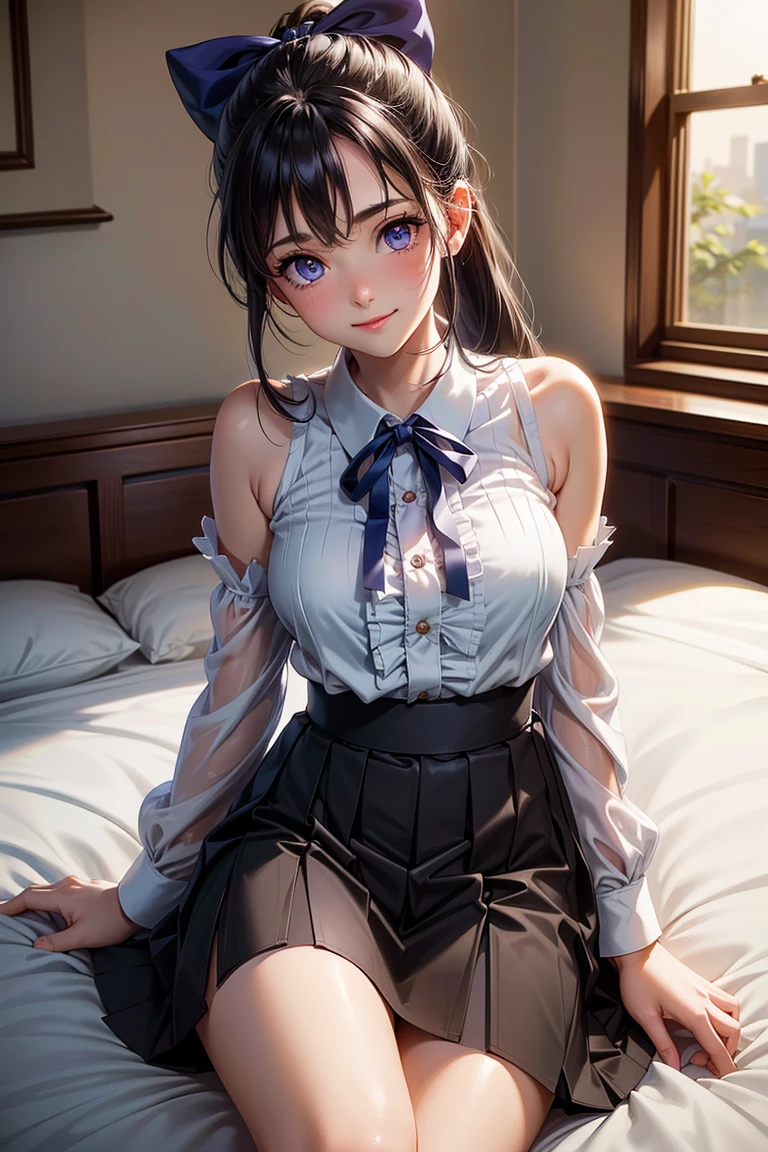 very cute and beautiful girl,teen,(highly detailed beautiful face and eyes:1.2), white blouse,open clothes,(laced pink bra:1.13) BREAK sitting on bed sheet,spread legs, (smile),looking at viewer,dynamic angle,pleated navy blue mini skirt BREAK antique hotel bedroom,gorgeous furnitures,(black hair:0.8), (best quality,masterpiece:1.2),extremely detailed,highres,solo,