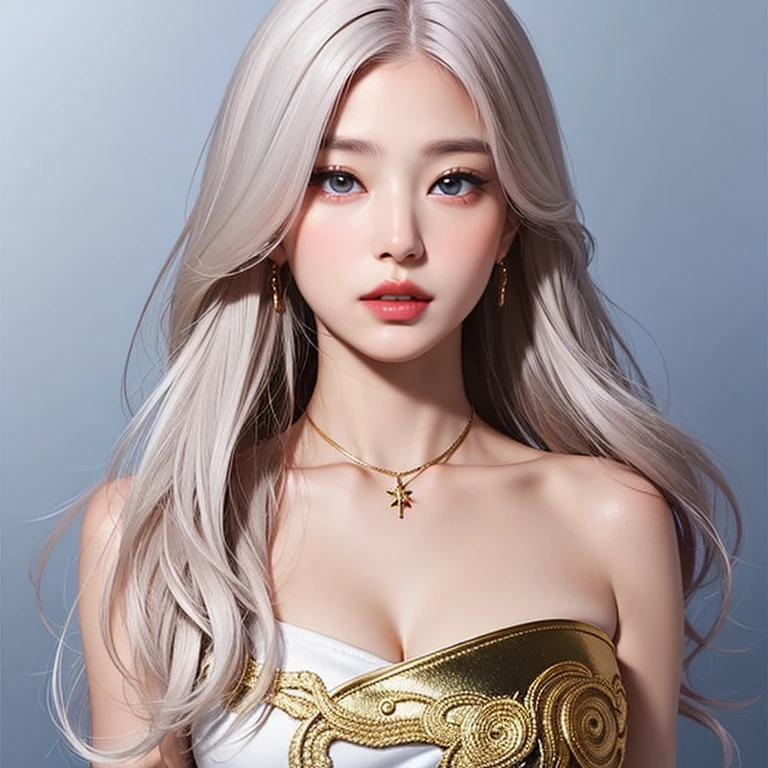 a close up of a woman with long white hair wearing a dress, ashen blonde hair, ash blond greyish hair, platinum blonde hair, blonde and silver hair, flowing silver hair, silver curly hair, curled silver hair, portrait of medieval queen, medieval princess, platinum hair, Game of Thrones style, maquillaje popular de Corea del Sur, ulzzang