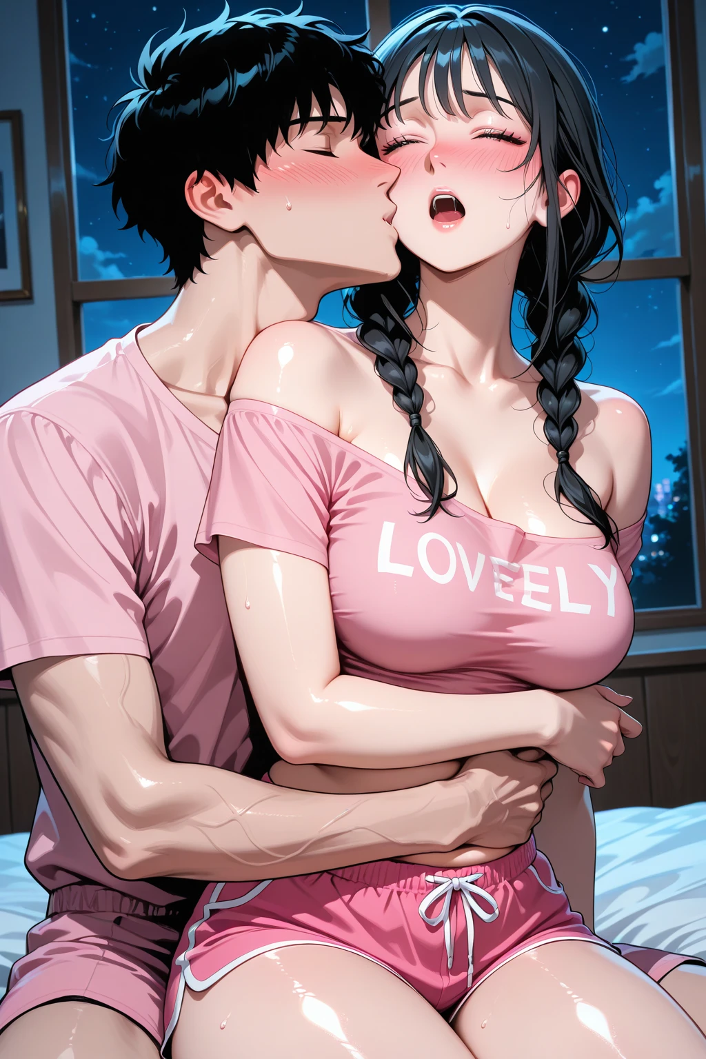 (masterpiece), (best quality), (ultra-detailed), an amazing beautiful naked female boxer with busty and pink nipples and doing practive with a black muscular guy doing sex with him they both are naked