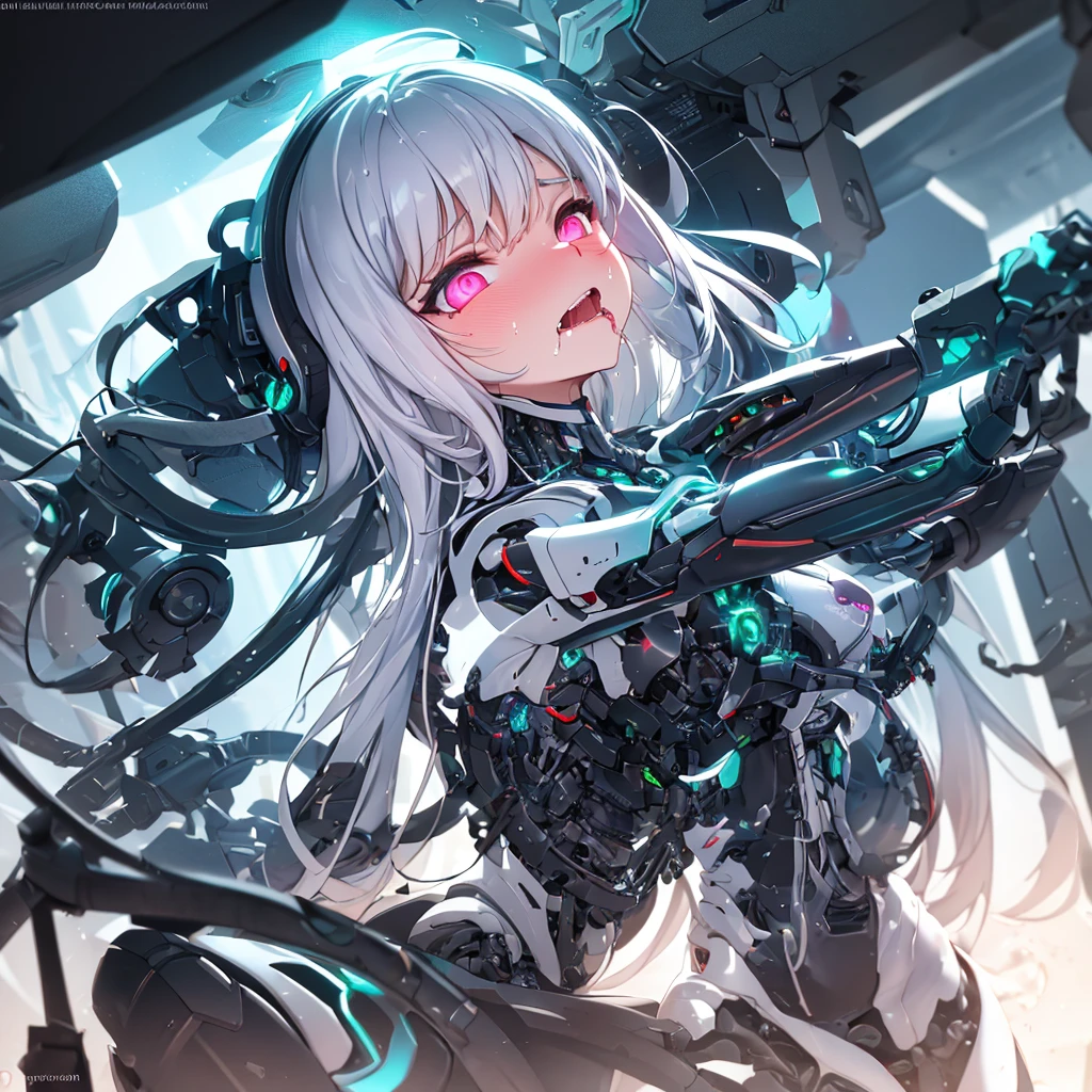 1girls, Electronic blue color, Wolf ears、 whited , color pastel、Bright atmosphere、Machine Man、White hair、Futuristic atmosphere、Despressing、White eyes、Longhaire、Exposed、the body is connected by a cable、Slender body, Upper body, headgear, machine wings, the universe, The god Machines,The god Shikai、Huge machine、Jetwing