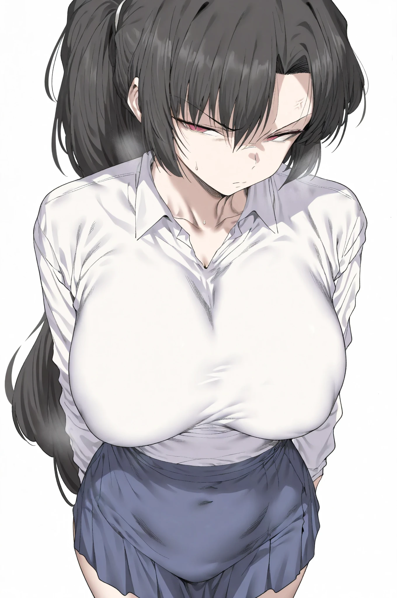 1girl, solo, long hair, breasts, looking at viewer, shirt, long sleeves, hair between eyes, closed mouth, very long hair, jacket, upper body, ponytail, sidelocks, necktie, huge breasts, parted bangs, blazer,
