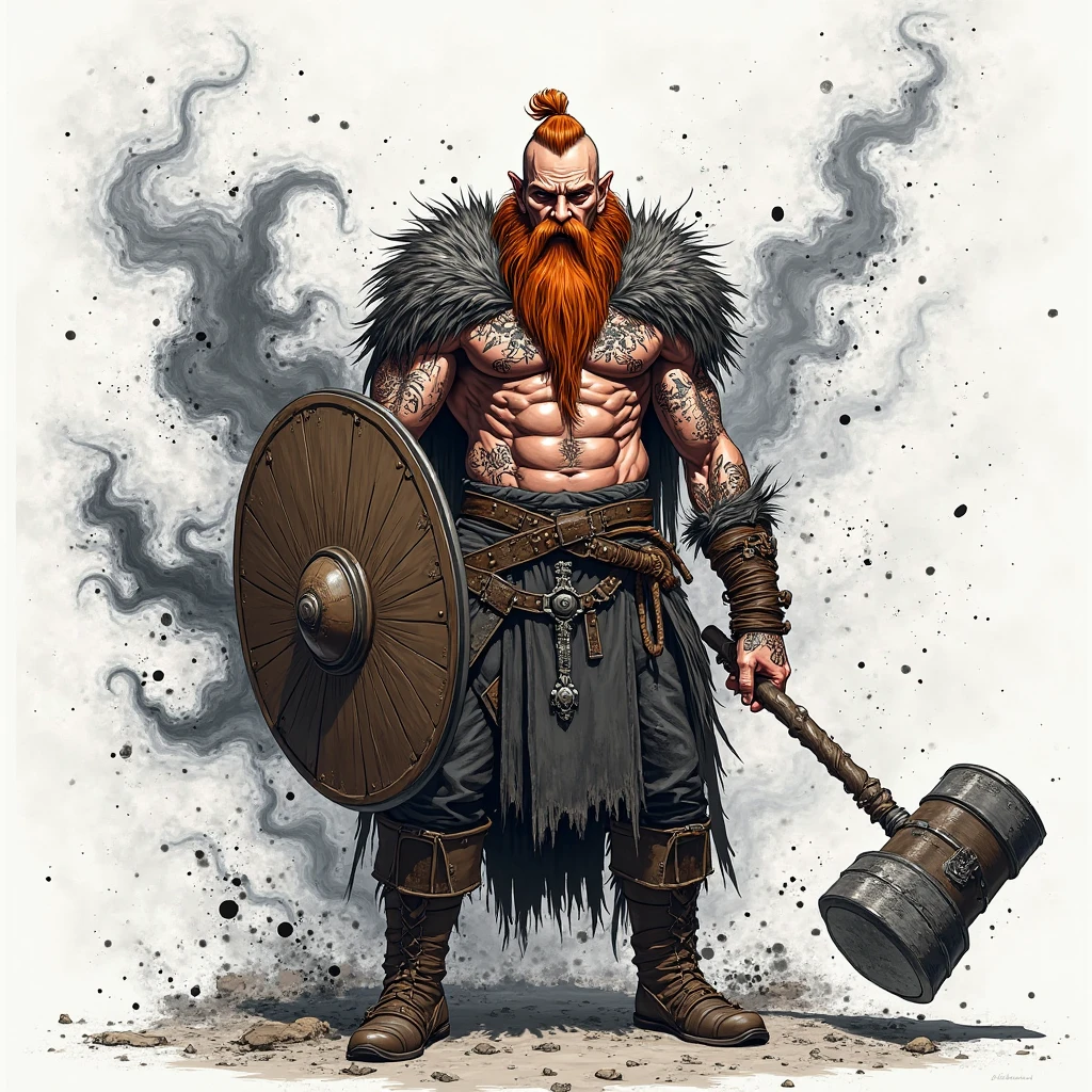 A photo of a Viking dressed in orange holding an axe with orange details on his shoulder, profile photo showing only the chest up in a drawing format
