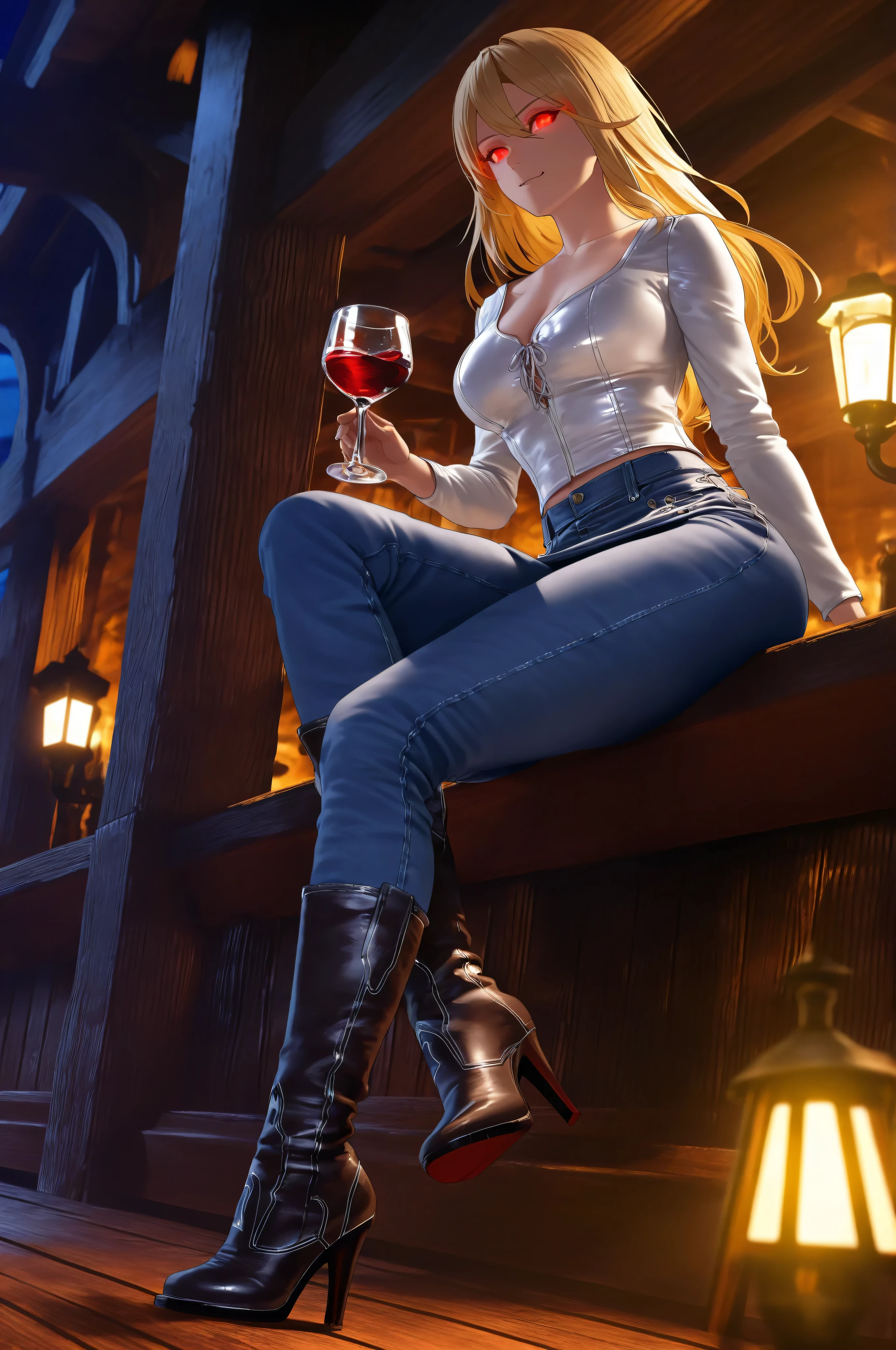 there is a female vampire cowboy on an western bar at night, sitting with a glass of wine filled with blood, red glowing eyes, wearing white leather shirt, small cleavage, jeans skirt, wearing high heels boots, wild west bar background, gaslight lamp, dynamic angle, photorealism, depth of field, hyper realistic, 2.5 rendering, Cinematic Shot, M