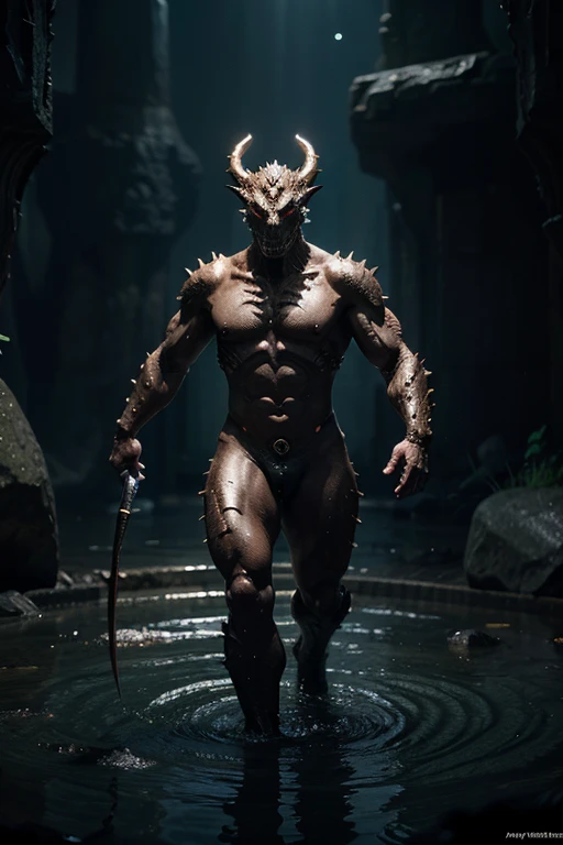 solo, male, deathclaw, scales, glowing eyes, gendou pose, front view, detailed, hi res, masterpiece, best quality, erect cock, erect penis, cum, cumshot