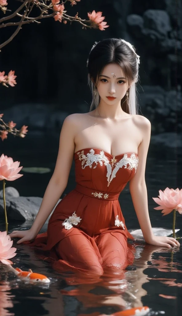 (masterpiece:1.4), (best quality:1.4), ultra high res, ultra high resolution, ((detailed facial features)), HDR, (realistic, photorealistic, photo-realistic:1.37), full body Esbian, sexy Vietnamese model, (-anime), vivid colors, ((vivid colors multicolor (red, fuchsia) very short hair)), (happy smile), lip-gloss, long lashes, ultra detailed metallic makeup, defined eyebrows, wearing large sparkling colorful jewelery, wearing a red silk Paradise Kiss cosplay dress with black floral embroidery, ((vivid colors outfit)), vivid colors, look at the camera, cinematic light, large park background with trees, sweet and sexy pose