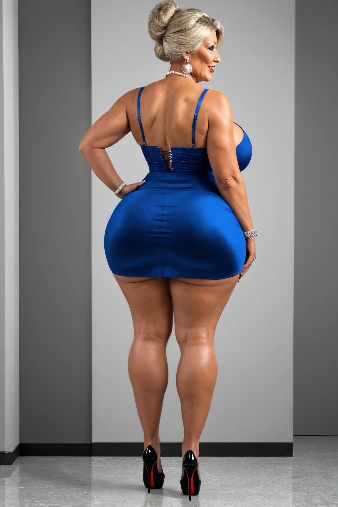 (8k, 4k, best quality, highres, ultra high res:1.1), (masterpiece, realistic, photo-realistic:1.1), Femme fatale（1girl）The body is voluptous and curvy，massive huge breasts, wide breedable hips, thick toned flawless thighs, blue hair, silver luxury heels, (arms behind head:1.3), (((in themiddle of luxurious socialite  hall:1.3))), full body to boot, (surrounded by ((male crowds:1.4)))