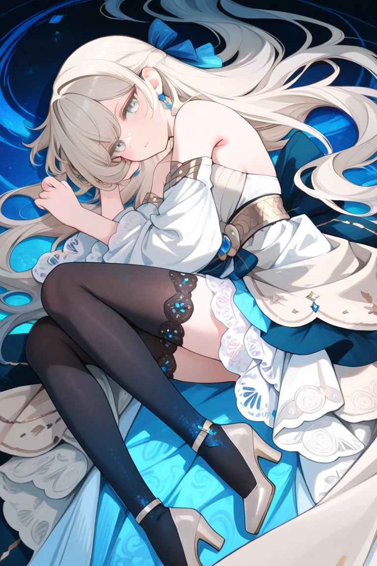 (((masterpiece))),(((best quality))),(ultra-detailed,high resolution:1.2),(illustration),((an extremely delicate and beautiful)),(detailed background), ((((girl is lying on back)))), (boy is standing), (wrestling ring), ((1girl)and(1muscular boy)), hetero, (1girl,tall stature),((((Bronya Rand/(Honkai:star rail/)))),official alternate costume, (slender body:1.4), ((long hair)),drill hair,grey hair,hair between eyes, grey eyes, (large breasts), pale skin,shiny skin, (afterglow:1.4),(trembling), ((She wears white dress, black silk stokings,leggings,black footwear, thigh boots, elbow gloves,black gloves, long sleeves, sleeveless, jewelry,earrings)), (??? in pussy:1.4),??? on clothes,??? on breasts,excessive ???, clothing aside, clothed, (1muscular boy), (he has hair:1.4), large penis,dark skinned muscular boy,interracial, text,