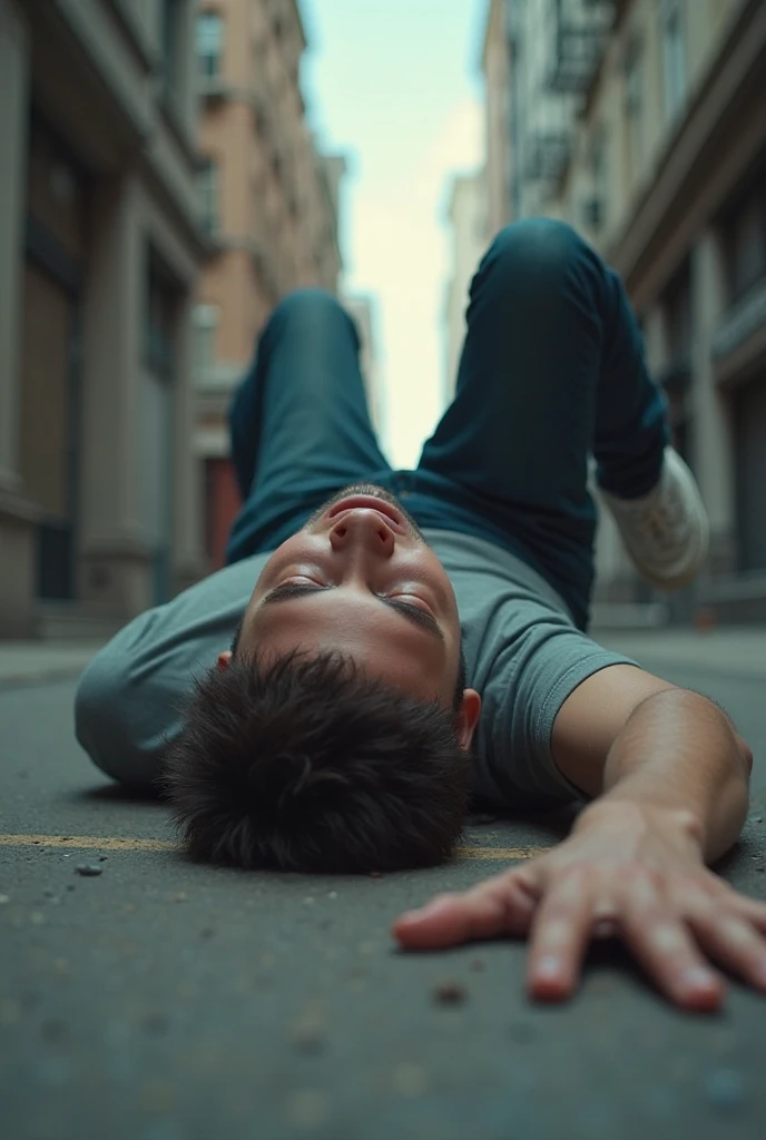 A person lying on the ground because he tripped