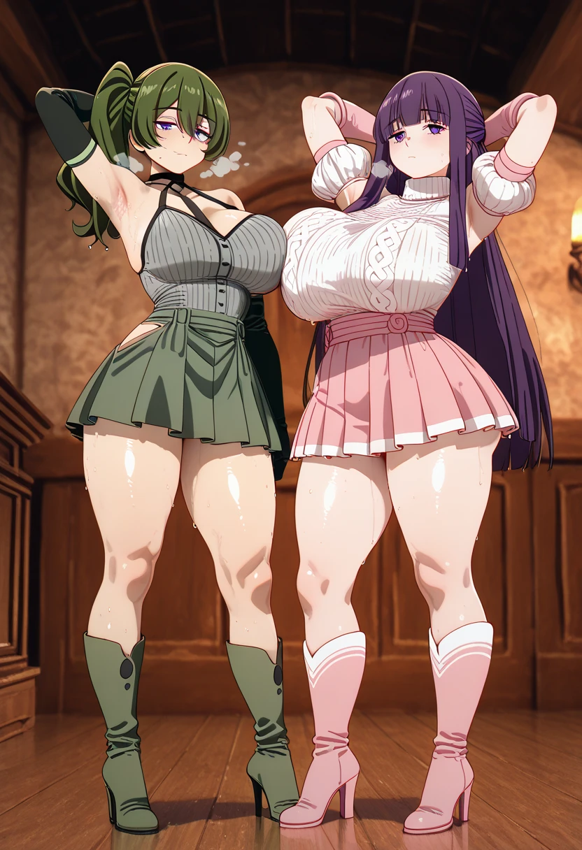 big lips, Brown hair, pink eyes, japanese face, improve, improve grin, two sides up, huge breasts, Wide hips, sexy, detailed, Hallowe'en room, Hits, (evil smile1.4), kawaii, witch skirt, Hallowe'en, GOOD, witch costume, witch skirt, witch shirt, witch choker, witch skirt, witch shirt,navel piercing, Hallowe'en, Witch hat