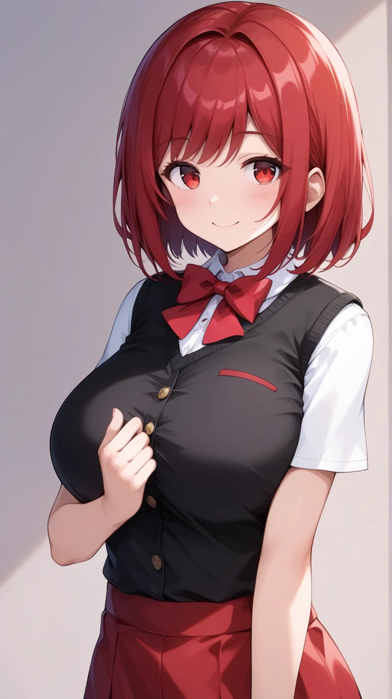 masterpiece、Highest quality、Best image quality、High resolution、Big Breasts、Red hair、Red Eyes、short hair、Black Uniform、Unbranded uniform