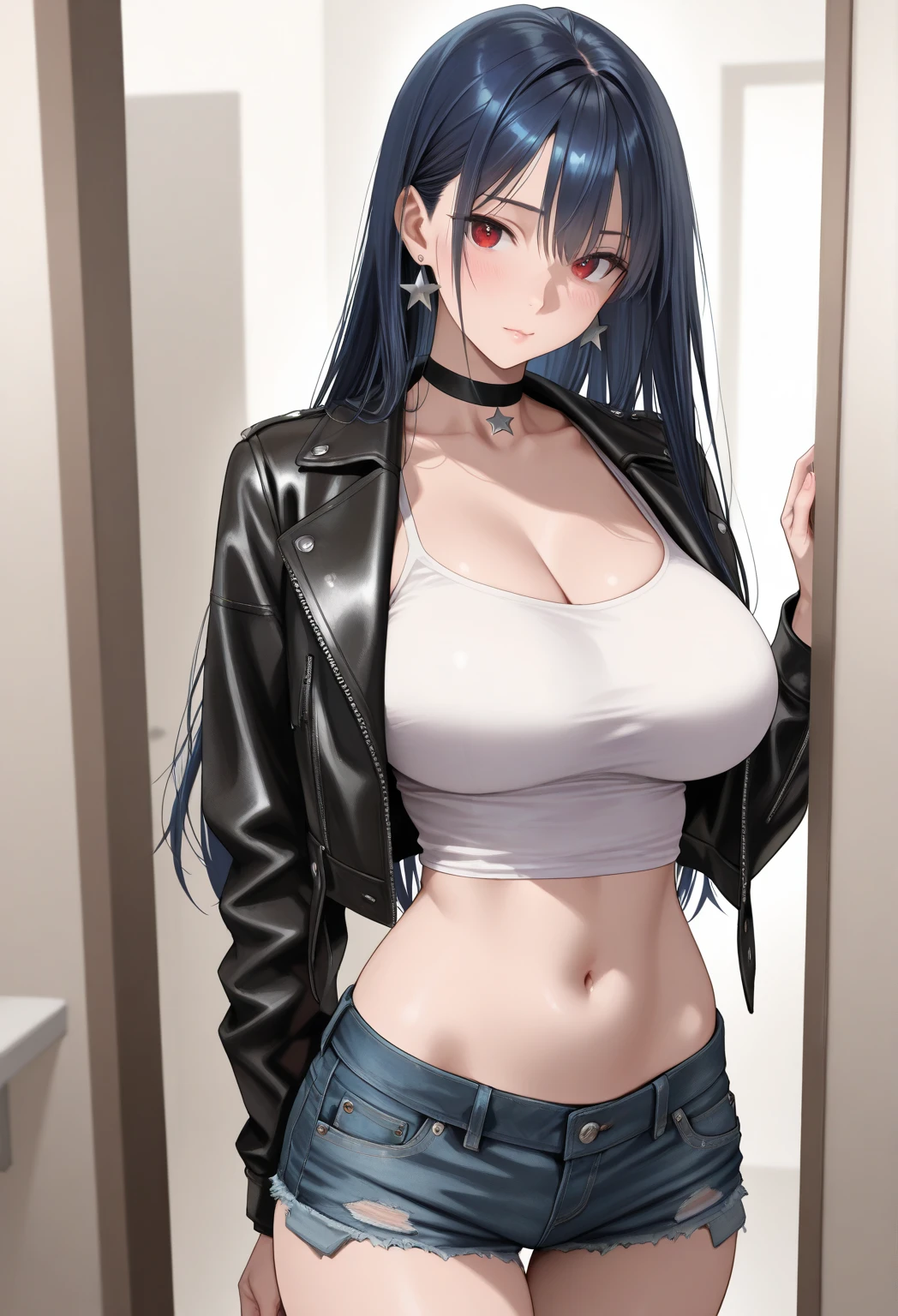 A woman with very long black hair and (very long bangs:1.5), wearing a (stylish long jacket:1.5) and tight jeans, (low-rise jeans:1.25), (low-cut jeans:1.25), standing. The artwork is inspired by manga and incorporates a doujin style. The woman appears to be (wetting herself:1.5), which causes her to feel incredibly embarrassed and humiliated, resulting in an intense and vibrant blush on her face. She is tightly grabbing her crotch with both hands in desperation (grabbing crotch:1.25), (covering crotch:1.25), (hands between legs., there is also a look of anger in her expression. The lighting in the scene is moody, with a spotlight highlighting the woman's figure. She has a very large pee stain on her jeans., large breasts, navel, midriff, groin, mound of venus, cleavage, diamond necklace, bikini top, thin
