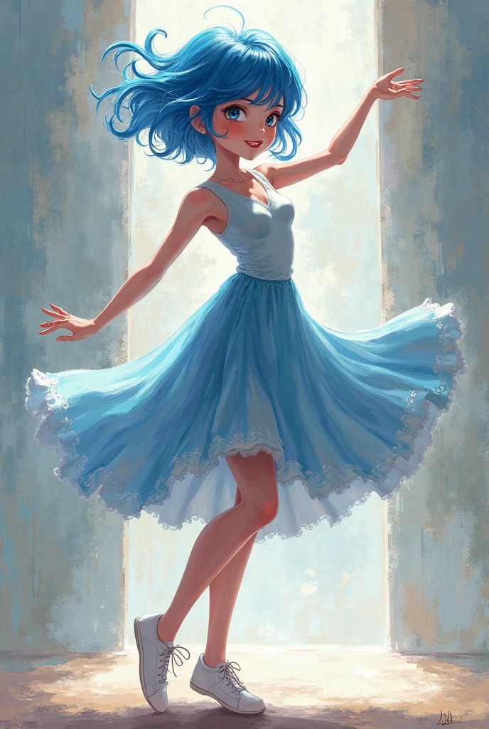 masterpiece,best quality,girl,ultra detail,wet light blue blouse,colorful lace skirt,(petite),dance,water splashing,neon <lora:Artfullydance-v1fem:0.8>galaxy background,starlight,closed eyes,MOTION PHOTOGRAPHY,from above