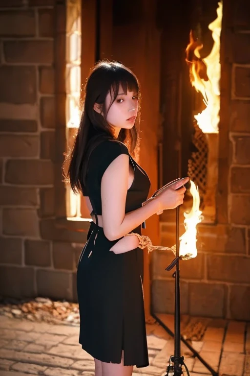 (Full body photo,Full-body display),((Great composition,Medieval Battlefields,A woman wearing a loose royal blue silk skirt,Goddess of Fire,Behind her is a stone castle.,Shooting from below,Rich scene details,Smoke was floating everywhere,You can see a tall tower in the distance,The flames light up the sky red)),(Age 25,A solemn and stern expression,Nipple Shadow),((Anatomically correct,8k, Very detailed, UHigh resolution, masterpiece, Very detailed, Attention to detail, high quality, Awards, 最high quality, High resolution, 4K, 8k, Accurate))