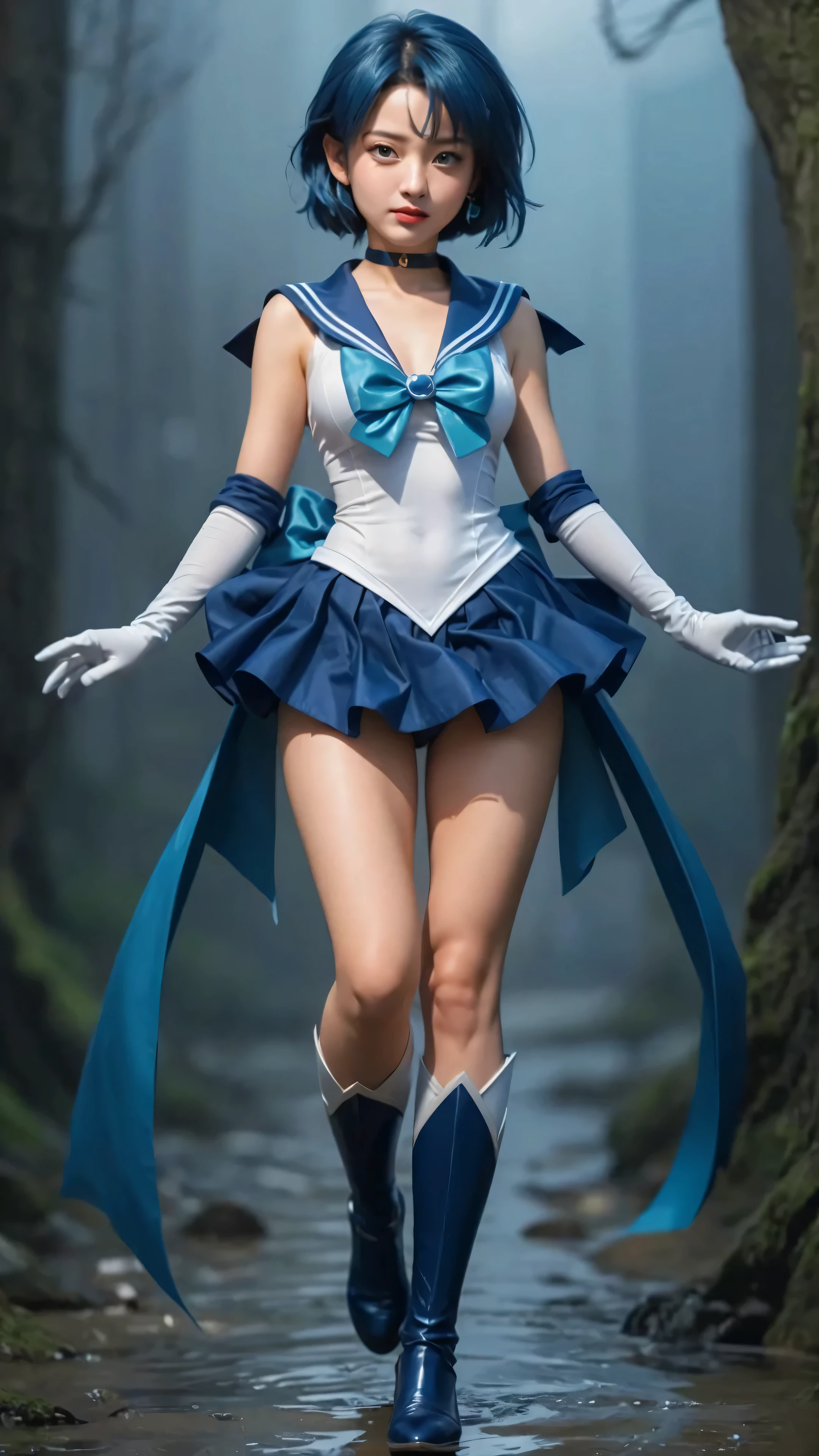 fix this picture, 1 girl, japanese girl, blue hair, blue eyes, red lips, glossy lips, sailor cosplay, Sailor Mercury Cosplay, realistic.