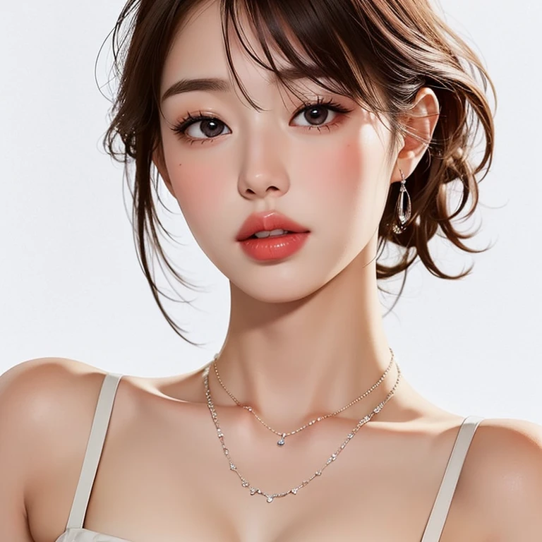 (highest quality, 8k, 32k, masterpiece, Ultra-high resolution:1.2),Beautiful Japanese Women Photos, Large Breasts, Very short bob hair,Upper Body,Face Focus,Extra Large_sweater, necklace, Simple Background, From above, View your viewers,
