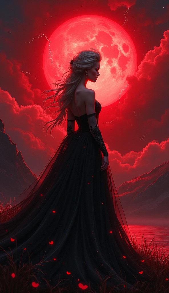 Blonde girl in red dress,Background with smoke and skull, In a red dream world, Red atmosphere, Inspired by Magaly Villeneuve (magali villeneuve), Beautiful and elegant demon queen, Dark Aura Red Light, Glowing red, Black and red, Fantasy Dark Art, Red Mist, gothic fantasy art, Red and movie lights, Crimson Dark, Red magic surrounds her, Red thread in the background