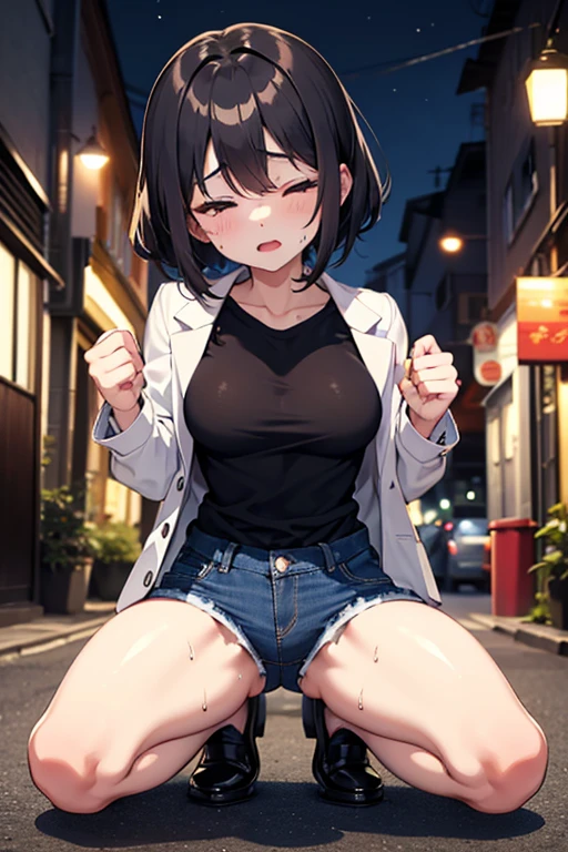 (8k, RAW Photos, Highest quality, masterpiece: 1.2), masterpiece, Super Detail,Best lighting, (Realistic and photorealistic photography: 1.4), High-resolution RAW color photos, Background Blur, blush, Depth of written boundary,1 young cute boy, Hair between the eyes,short hair,Black Hair,Highly detailed mouth,short,young,flat chest,(Oily skin:1.5,Glowing Skin),glitter skin,whole body, (standing),Shame,((embarrassed:1.3)),(afraid,crying:1.41),at Night City alley,whole body,( high neck fur jacket, closed jacket, blue frill camisole, brown burberry check mini skirt), tug skirt,lift skirt,show border Panties,(tears drop:1.3),(sex words on legs:1.3),(bulge Panties:1.3)