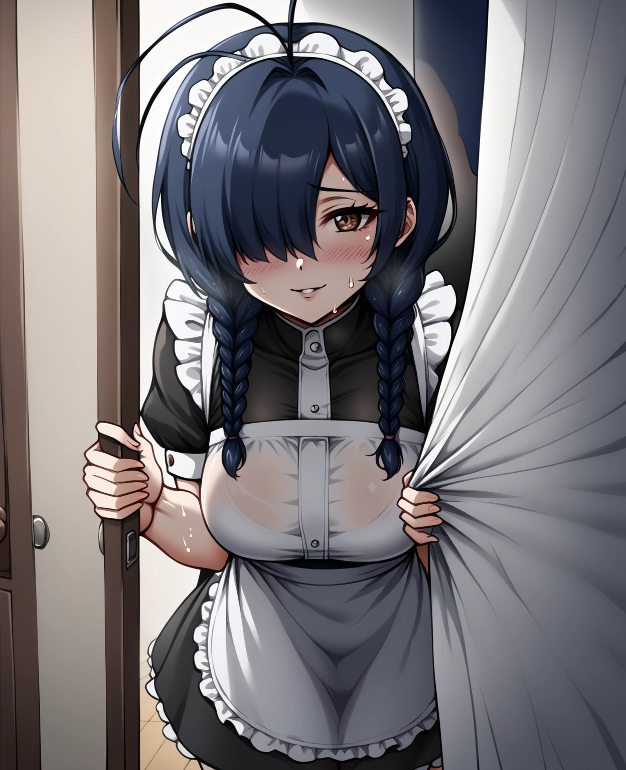 score_9, score_7_up,  source_anime, uncensored, zPDXLxxx, <lora:intricate_details:0.5> intricate_details_xl, face focus, zoom layer, close-up, blurry background
1girl, dark blue hair, quad braids, short hair, hair over one eye, antenna hair,  dark brown eyes, looking at viewer, maid uniform, sweat, sweatdrop, shiny skin,
<lora:Hidden_Sex_Curtain_Doorway_v1.0:1> hidden sex, stealth sex, (curtain grab:1.1), behind curtain, see-through silhouette, curtains, sex, vaginal, blodjow face, 1boy, faceless male, cheating (relationship)