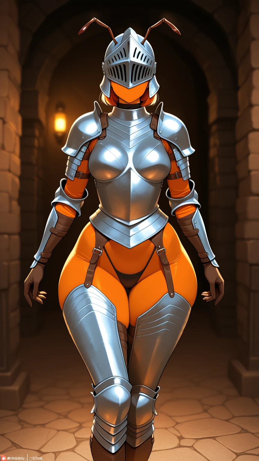 funger, very detailed illustration, 1girl, big breasts, highres, high quality, masterpiece, looking at viewer, (knight), orange hair, absurdres, ultra-detailed, short hair, full body, wide hips, 
