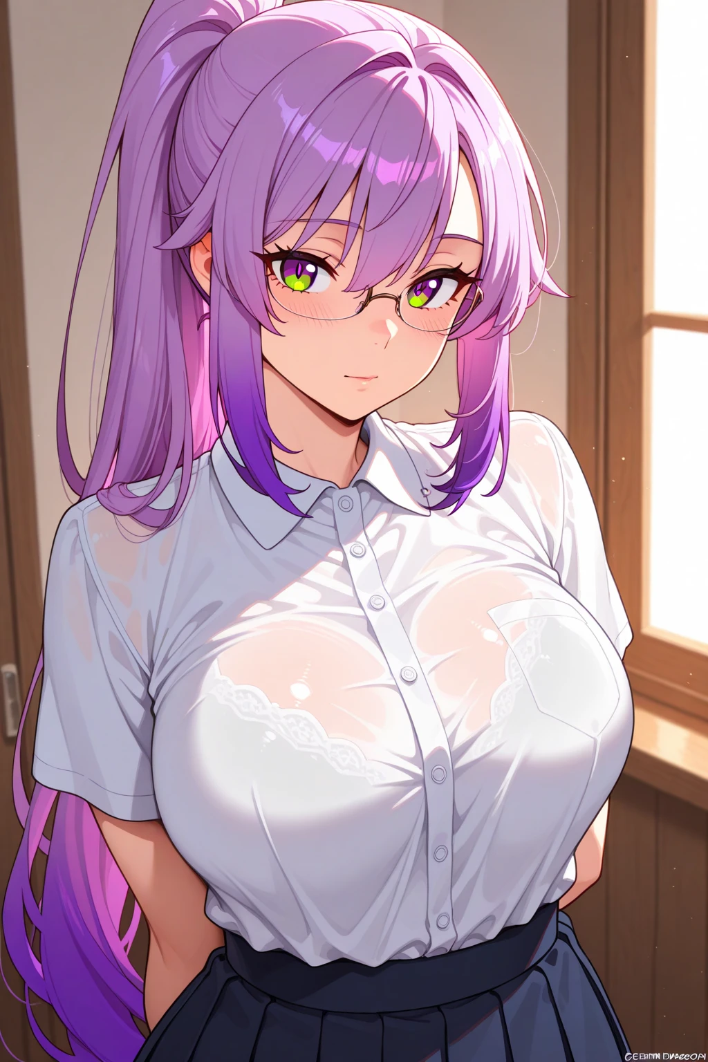 ((best quality)), ((masterpiece)), (detailed) , ((tribal attire)), HDR, perfect face, cloth skirt, ((long pale hair)), ((massive long hair)), ((tall cat ears)), ear fluff, muscly arms, ((lewd look)), headband, built, ((nsfw)), ((light purple hair)), bedroom background, collar, ((cum inside)), ((skirt lift)), wearing glasses, maid outfit, heart shaped pupils,