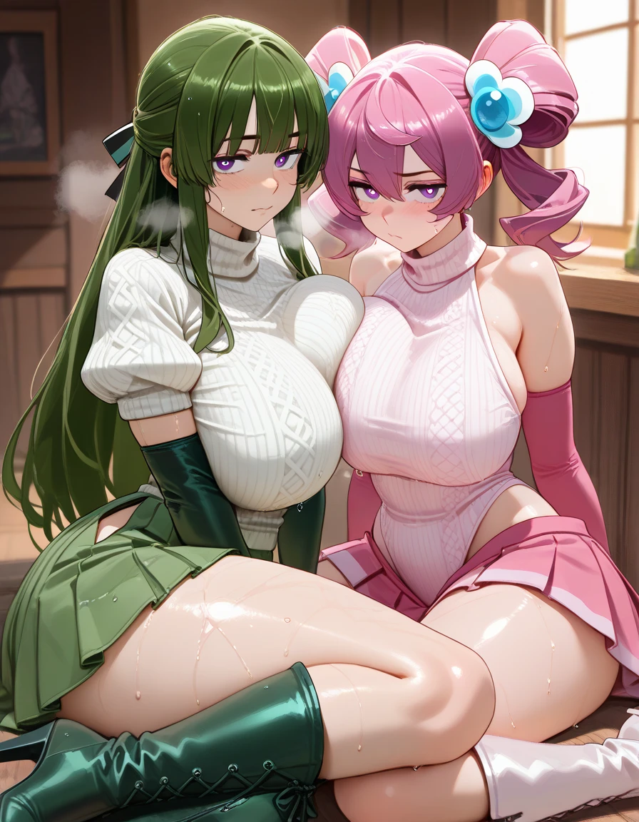 (8k, masterpiece, Best Quality, ultra-detailed, Professional lighting, beautiful detailed faces, bright colors) two beautiful chubby mature women with big breasts, thicc, naked, breats exposed, happy face, squatting legs spread on dildo, long green hair tied in a braid, oppai, oppai proportions, golden eyes, ahegao, with her legs spread open, touching pussy near a lake, pov, whole body visible, hands holding breasts