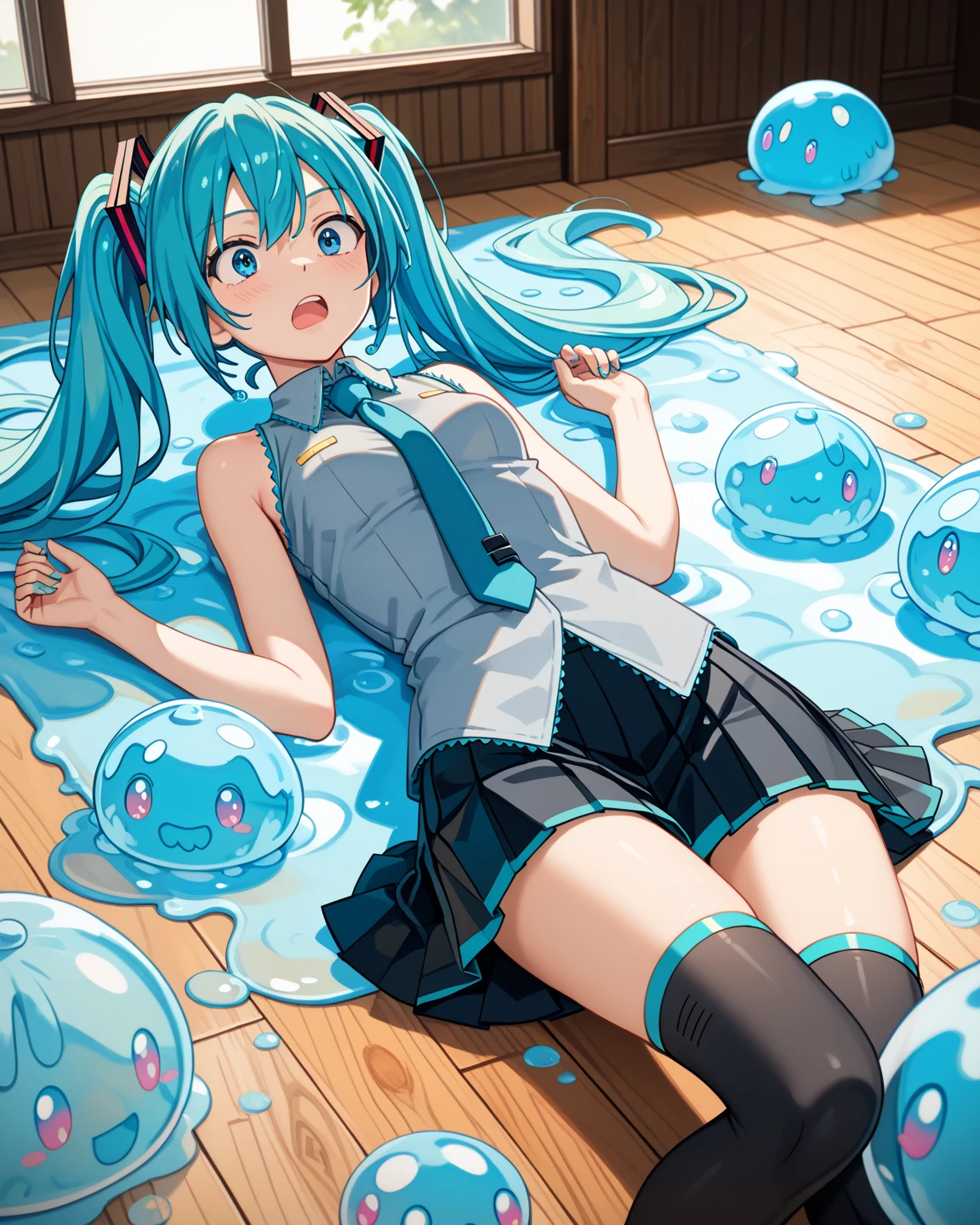 (masterpiece, best quality, 8k wallpaper:1.2 ), ultra detailed, absurdres, highres, long blue-green twintail hair, (hatsune miku:1.3), ((33 yo, mature woman)), full body, ((1girl)), (large breasts), (((glossy slippy smooth texture {blue|black} one-piece japanese school swimsuit:1.3))), ((motherhood kind smile, head tilt:1.2, squinting eyes, wince, closed mouth)), (masterpiece, best quality, 8k wallpaper:1.2 ), ultra detailed, absurdres, highres, long blue-green twintail hair, (hatsune miku:1.3), 7 yo, Elementary school student, short legs, short arms, petit, being stumpy, full body, ((1girl)), (flat chest), (((glossy slippy smooth texture {blue|black} one-piece japanese school swimsuit:1.3))), ((motherhood kind smile, head tilt:1.2, squinting eyes, wince, closed mouth)), (looking at viewer), too sweaty body, silky skin, beautiful eyes, beautiful smile line, big blue eyes, shiny hair, beautiful detailed eyes, beautiful detailed skin, beautiful detailed clothes), framed double breasts, under bust, too wet skin, too wet clothes, glossy skin, glossy clothes, skindentation, skin tight, thick thighs, on the hospital bed, portrait, cute face, kawaii, (((peeping shot from ceiling, flirting))), peeping dripping, wide open legs, wide spread legs, squatting, get on your knees, realistic, realism, photorealistic, (((waterfall muddy solid milk is dripping from the crotch))), both inner thighs, ((white nurse cap, too wet see-through too thin white over knee socks, white nurse shoes)), 1 panel, solo, lower body focus, ((a lot of muddy solid milk on crotch and thighs)), perfect I sharped cleavage, arms down forwards, upper body backwards, lower body forwards, (An erotic nurse dedicated to squeezing the first