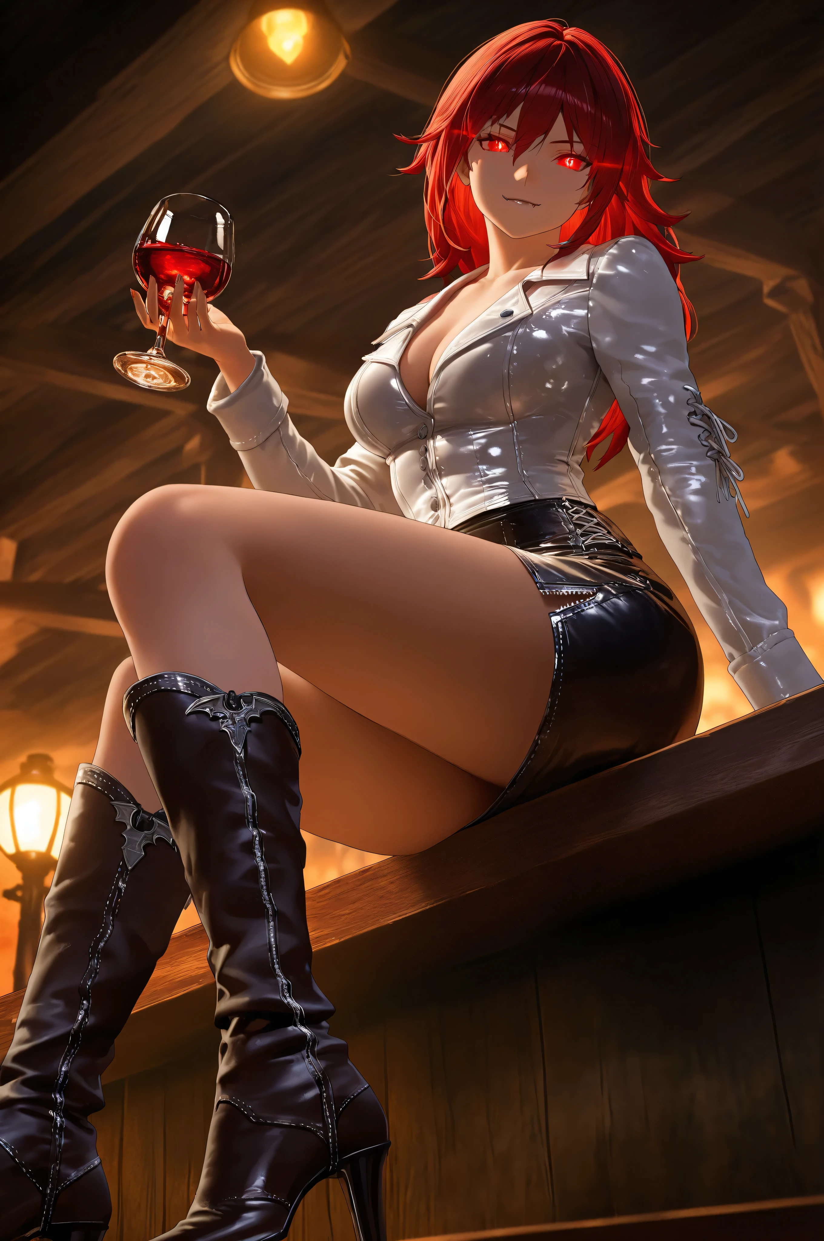 there is a female vampire cowboy on an western bar at night, sitting with a glass of wine filled with blood, red glowing eyes, wearing white leather shirt, small cleavage, leather skirt, wearing high heels boots, wild west bar background, gaslight lamp, dynamic angle, photorealism, depth of field, hyper realistic, 2.5 rendering, Cinematic Shot, M