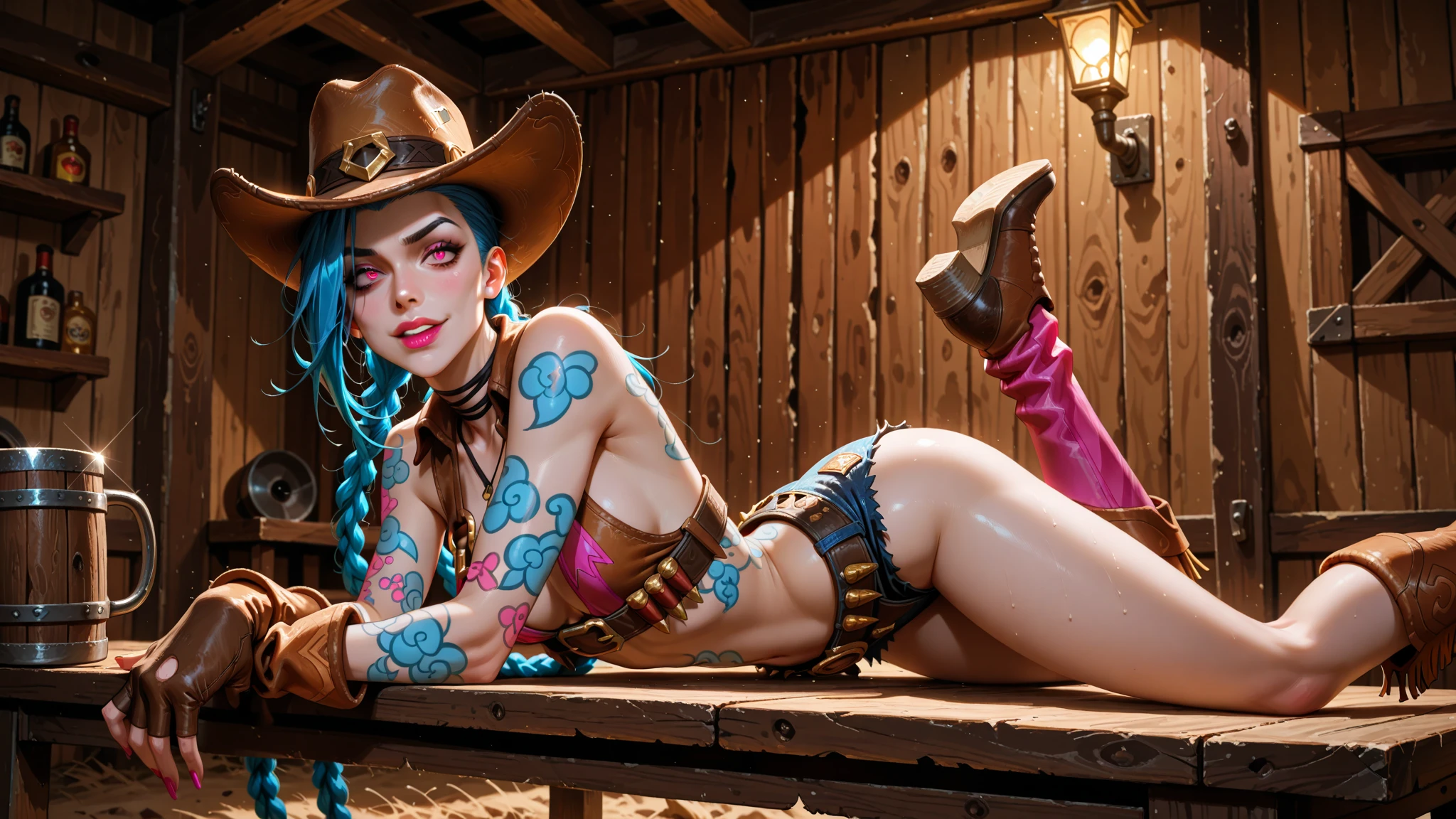 1girl, bar, rainbow colored hair, colorful tattoos, bra, lustful, large ass, presenting ass, detailed face, grin