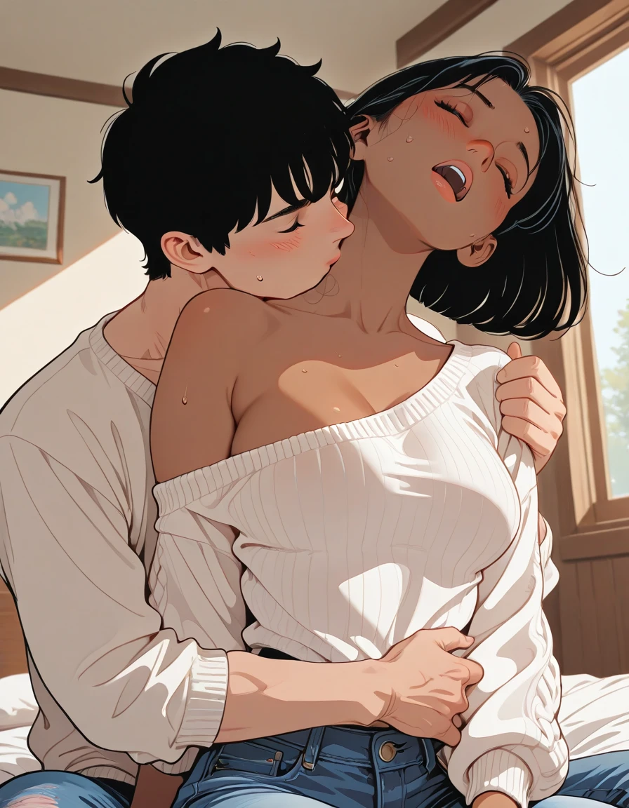 a person 40 years old, a person 10 years, mature woman,tall mother and child son, small child, blush, Place your hands on your shoulders,breasts big、kiss mark、vapour、sweat、