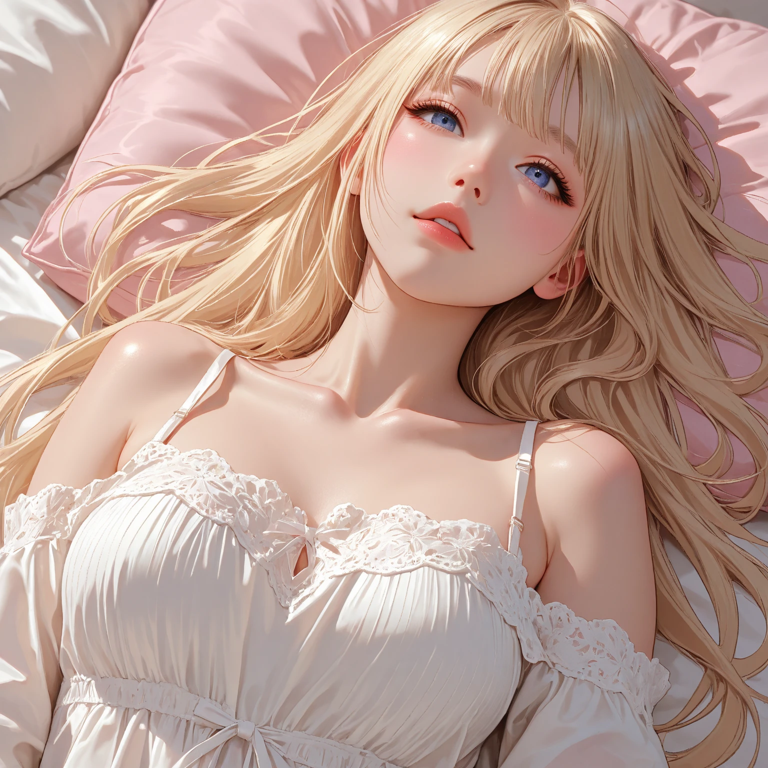 ((1 Female, 1 person, Solitary) Alice, Humanity, Long curly blond hair, blue eyes, freckle, teenager, 18 years, Rebirth_ongoing) (Main Part, Super detailed, 8K, (HD, Sunlight:0.5, Soft_shadow:0.5, atmosphere_light, 8K, 4K, Surrealism, elegant, ((((Appearance)))), Soft Ton, 柔和的light))(((Dark, Chiaroscuro)))whole body,Lying in bed