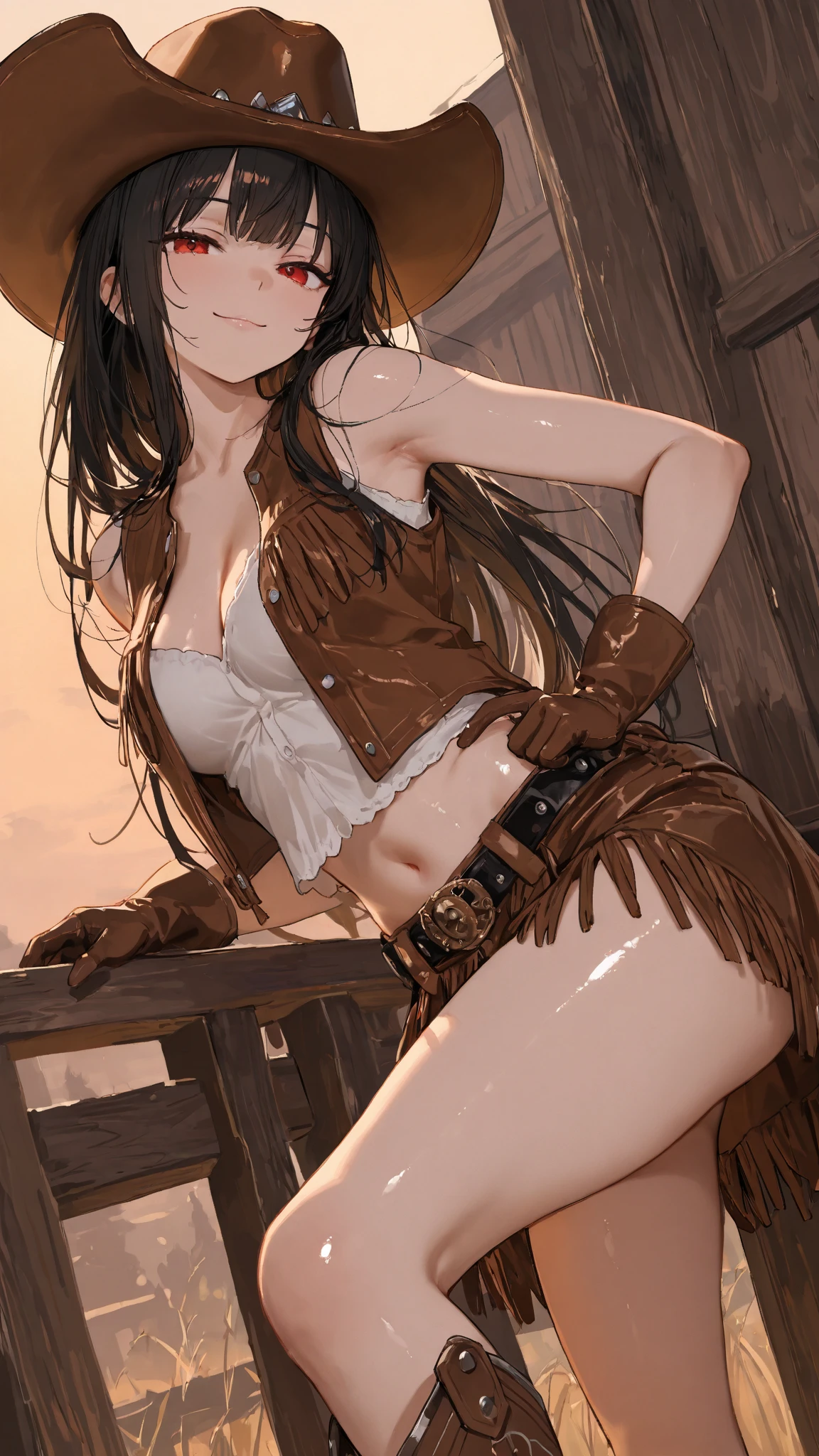 (((NSFW:1.8))),((Nude:1.8)))(((1 person:2.0))),(((naked:1.8))),(((Slim body:1.8))),(((Brown gun belt with holster:1.8))),((Brown cowboy hat:1.8)),((Wear a metal watch on your wrist:1.8))),(((Showing cleavage))),(((Exposed thin inner thighs))),(((Small breasts:1.5))),(((nakedの腕))),(((Her hair is brown))),((Blushed:1.2)), Beautiful detailed girl, Very detailed目と顔, 緻密でBeautiful Eyes, Very detailed, High resolution, Highest quality, masterpiece, Very detailed, 8k wallpaper, wonderful, finely, Highest quality,(Standing in front of a wooden wall),Beautiful Eyes,((Engage your audience:1.2)),(((Full Body Shot:1.8))),((Are standing:1.2)),((Put your right hand on your chest:1.2)),((Whiskey in left hand:1.4)),(((Drunk:1.8))),(((Drunk face:1.8)))