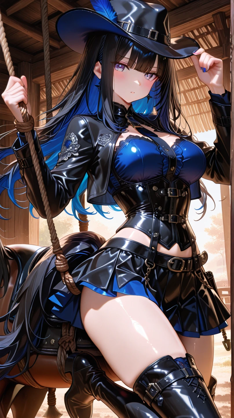 (Thynasha:1.2),dark blue hair,very long hair, purple eyes,(beautiful detailed eyes:1.0), extremely detailed face, perfect lighting, hair between eyes,bangs, (black beret, black jacket, open clothes, cleavage, midriff, black medium skirts, black thighhighs, thigh strap, fingerless gloves, single glove:1.2), Photo,sharpness, F1.6 lens,hyper-realistic textures,spectacular light textures, Cinestil 800 Fashion Mechanics,(((Beautiful woman with left leg restrained by chains))),Appearance,Beautiful girl with accentuated slender abs: 1.1,six-pack abs: 1.1, Bust Botox,Standing on tiptoe, long legs,Long brown hair fluttering in the wind,Brown hair, Long hair, Female Warrior Costume,(No panties,No bra),(tacticul battle fashion,elbow and knee tacticul battle fashion, battle glove: 1.1),((cute batre costume)),The belly comes out and the navel is visible,Thin sheer costume, combat gloves,shredded costumes,cyber long combat boots with golden knee pads,Anatomical,(futuristic sci-fi battle fashion, new elbow and knee cyberpads, new cyberlong boots, new cybergloves: 1.1),(tied perfectly by iron chain:1.3), Restraint, Slave, collars, contempt, (Chained), 4 chains hung from heaven, Metallic shackles and fetters, wet crotch clearly visible,((Hands are restrained above the head)), the neck is chained,Chain from left knee to heaven,Chained by rusty iron chains,((the tip is protruding, areolas protruding,The shape of the pubic harearea is clearly visible:0.9)),Sweating,Wet,Wet crotch,Wet thighs,Junkyard, Realistic, (cute, perfect clothes, skimpy clothes, cute: 1.3) ,Vast miritary base in us,((wide mirtary hospital with summer sunlight)), peeling ceilings, Rebar between, Realistic material details, Extreme details, Ultra-realistic materials,narrow waist,(with sparkling eyes and a contagious smile:0.9),looking at viewer,