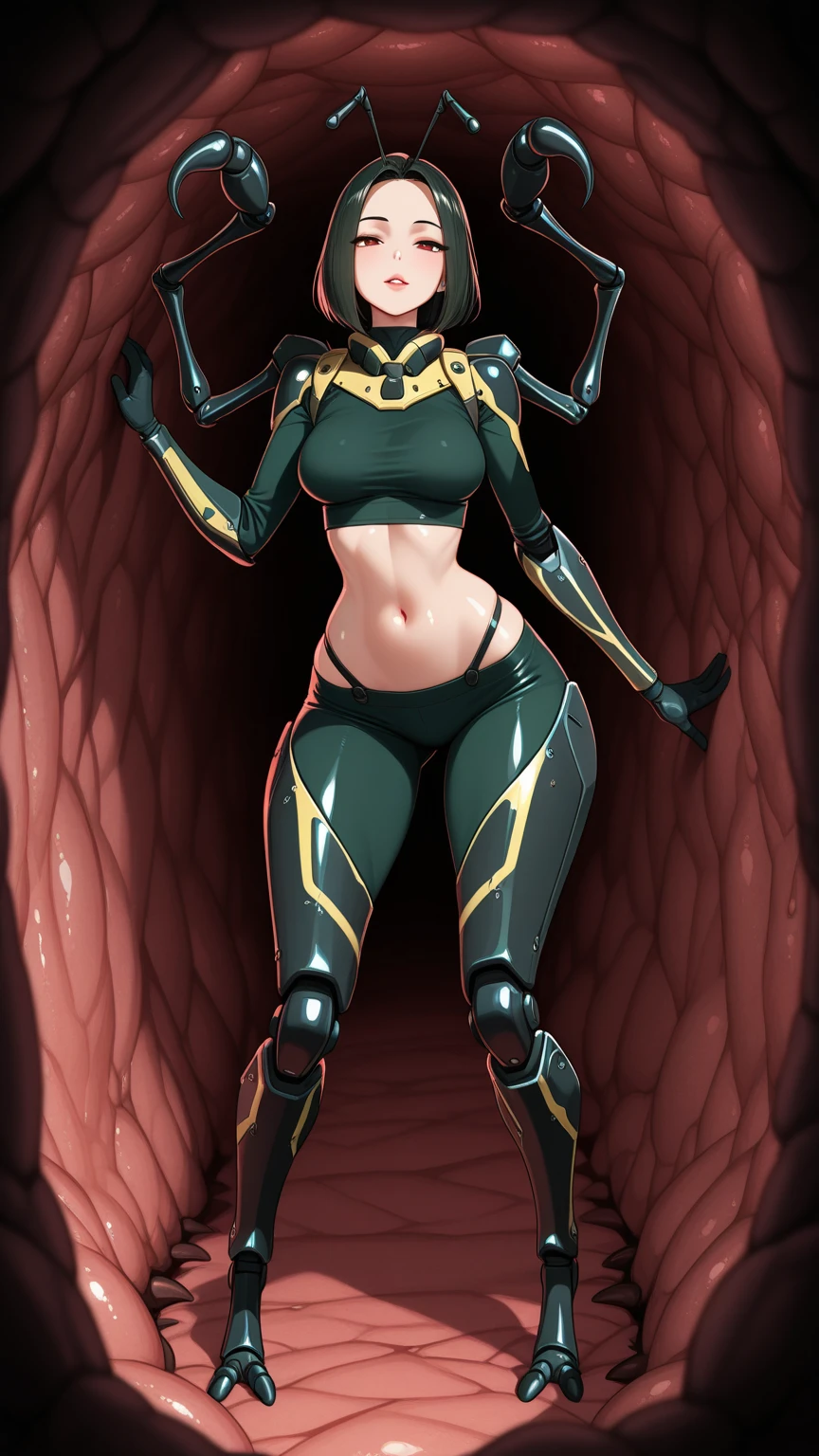 1 girl alone with thick thighs, huge breasts, and lipstick wearing a skin tight green bodysuit with underboob cutout and covered nipples, gloves, helmet, blindfold, living clothes, and armor standing on an alien planet with mouth open, 1girl, alone, armor, big breasts, blindfold, green bodysuit, covered nipples, gloves, helmet, huge breasts, large breasts, lips, lipstick, living clothes, open mouth, solo, standing, thick thighs, underboob, masterpiece, best details, best textures, (epic background:1.1), 8k, highres, (alien planet:1.1), zxc style