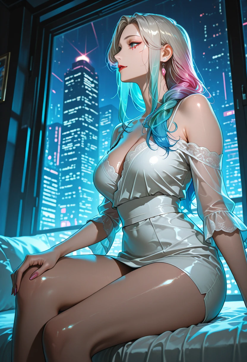 ((midynight, Best Quority, 8k, a masterpiece of :1.3)), fullllbody, the Long legs, Sharp focus :1.2, A beautiful woman with a perfect figure :1.4, Slender abs :1.1, ((Blue hair, seios gigantescos :1.2)), (white tight t-shirt, Denim bib, standingn:1.2), (nightview, roofto:1.3)), highly detailed face and skin textures, Fine Eye, 双眼皮,tetas grandes