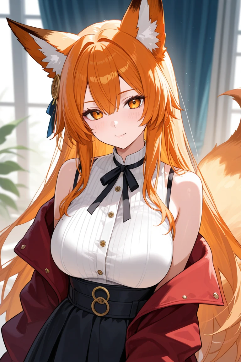 Fox girl, Anime girl, Kitsun, goddess, Fox Tail, looks at you excitedly, vulgar body, Send pose, Big breasts, detailed fluffy tail, long white hair, bald makeup, kitsune makeup, cinematic world, a dark room, Erotic clothes, choker with bell on neck, orange hair, masturbation, gasped, pleasure, white stockings
