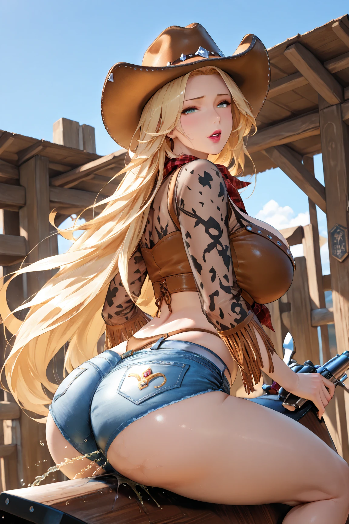 very beautiful woman, cowgirl, ultra realistic, leather outfit.
